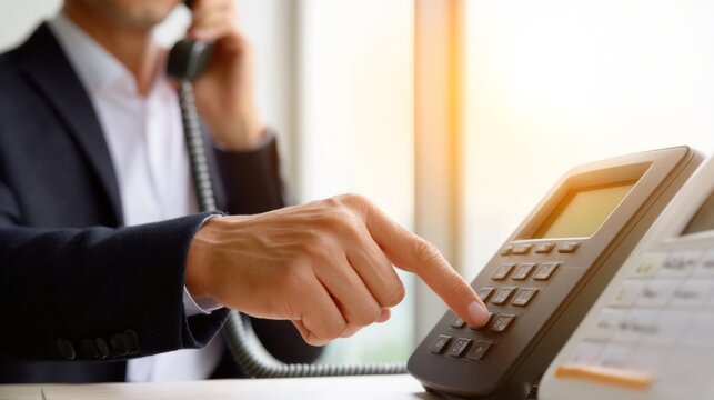 Businessman dialing number on office desk phone