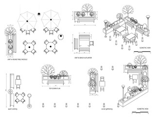Obraz premium Comprehensive Architectural CAD Plan Set Featuring Detailed Outdoor Seating Layouts and Furniture Arrangement Modules for Public Urban Spaces