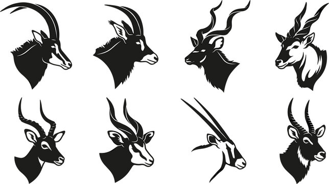 Antelope Head and Horn Silhouette Vector Set with Oryx, Kudu, Sable, and Gazelle Icons for African Wildlife Safari Graphic Designs
