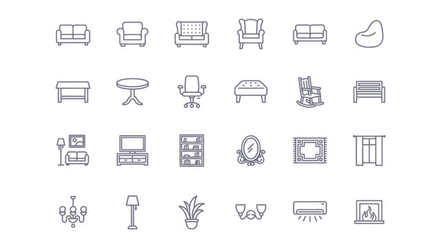 Various household furniture and appliances icons in a single image  sofa chair table lamp plant tv