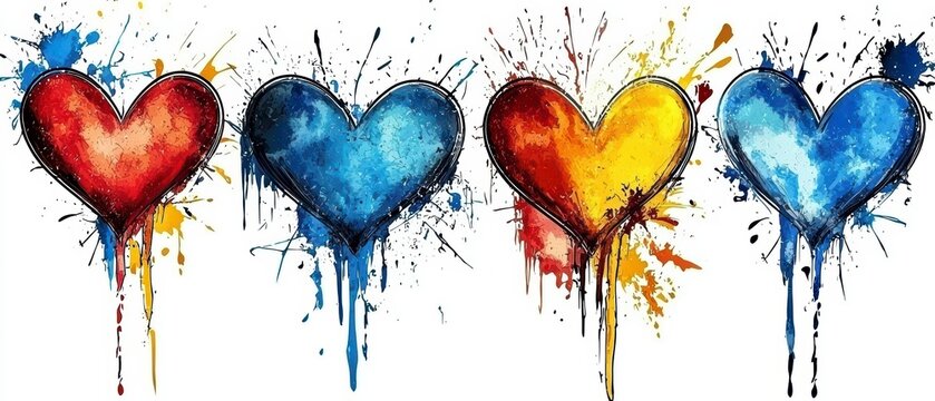 Vibrant Watercolor Hearts with Paint Splatter Drips - Abstract Love Art