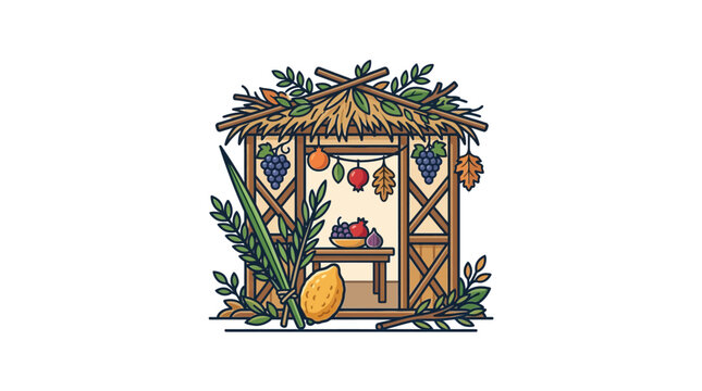 A decorative illustration of a traditional Jewish Sukkah booth for the Sukkot holiday.