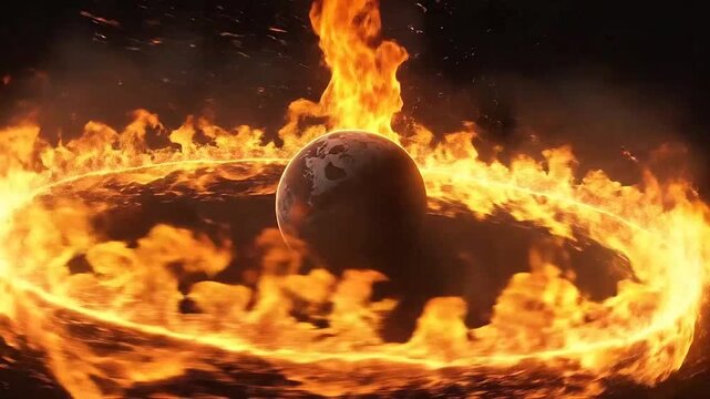 A dark sphere is surrounded by a glowing ring of fire
