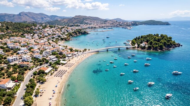 Aerial view of argostoli harbor kefalonia island greece with turquoise waters and coastal town