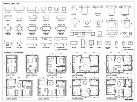 Professional CAD Furniture Symbol Set and Residential Floor Plan Layouts for Architectural Interior Design Drafting