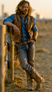 A man with long hair and a beard wearing a brown vest and blue jeans stands with his hand on a wooden fence post
