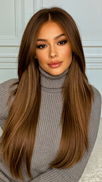 A woman with long brown hair and a grey turtleneck