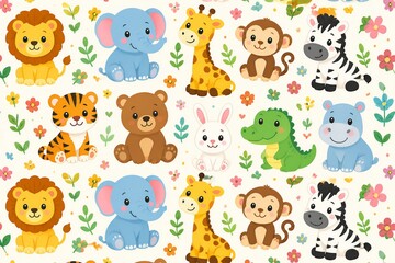Obraz premium Cute cartoon animals sit among blooming flowers. Lion, elephant, giraffe, monkey, zebra, bear, tiger, rabbit, and crocodile. Each creature smiles warmly, friendly and playful
