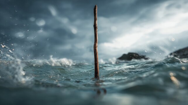 Stick standing in stormy ocean waves
