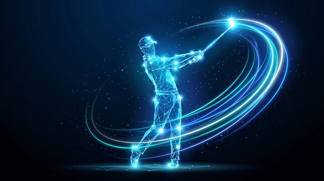 Dynamic golf swing motion digital illustration with trajectory abstract particles performance training competition illustration movement professional strategy exercise precision