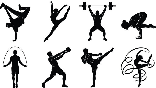 Fitness and sports silhouettes vector collection featuring breakdancer gymnast weightlifter yoga pose jump rope and martial arts isolated on white background