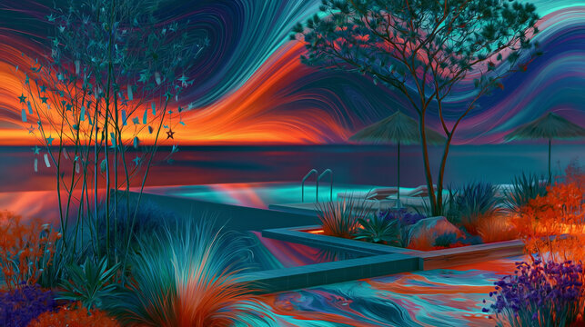 Tropical Resort Terrace with Infinity Pool at Sunset
