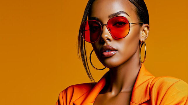 A woman wearing red sunglasses and an orange jacket against a yellow background