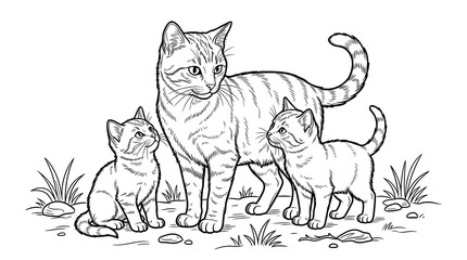 Naklejka premium Sweet tabby cat looking at her playful little baby kittens