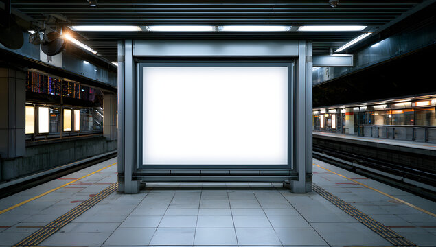 A blank poster mockup for advertising in a generic train station; OOH display. Front view of an empty MRT platform.
