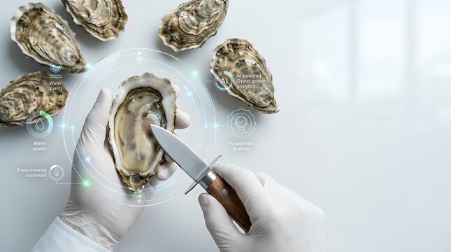 Oyster shucking with AI analytics overlay