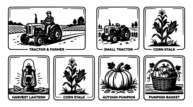 Tractor and Farmer Icon, Small Tractor Icon, Corn Stalk, Harvest Lantern, Autumn Pumpkin and Pumpkin Basket Set