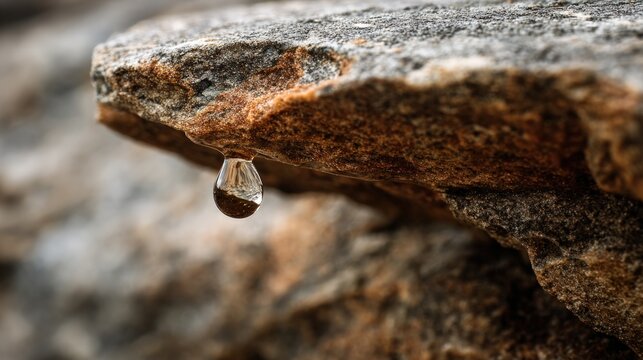 Water droplet hanging from rock ledge