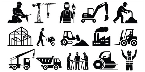 Diverse Black Construction Worker and Machinery Icons on White Background jackhammer crane © Ariful