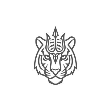 Minimalist line art tiger head with trident logo design