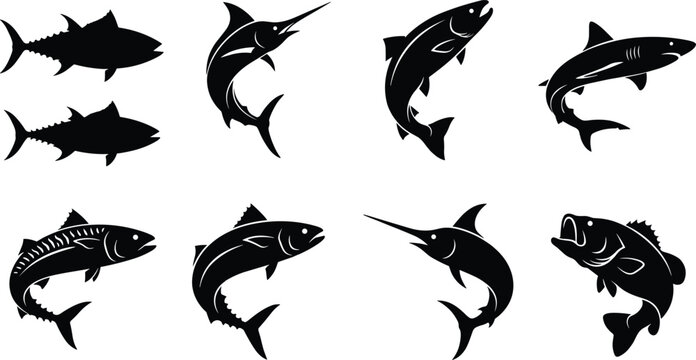 Sea fish silhouettes vector set featuring shark tuna swordfish marlin and bass isolated on white background
