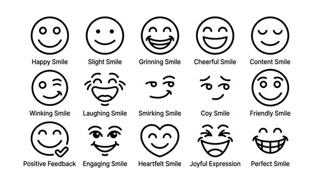 Grid of smile emoji icons with labels on white background