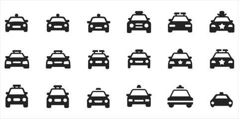 Grid of Black Silhouette Icons Representing Different Taxis and Police Cars vector illustration © Ariful