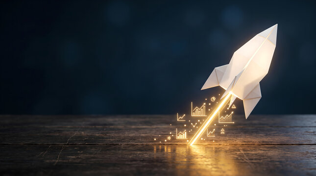 Glowing Origami Paper Rocket Launch with Digital Light Effects and Copy Space for Business Growth Concepts