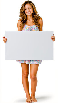 A woman in a colorful dress holding a blank sign