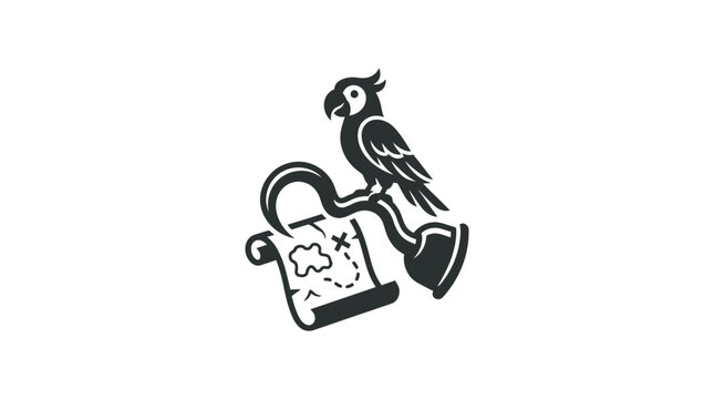 A black and white illustration of a parrot perched on a pirate hook holding a treasure map.