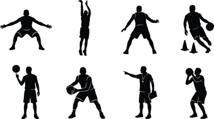 Vector silhouettes of basketball players and a coach practicing skills drills shooting and defense tactics © MdAbdur