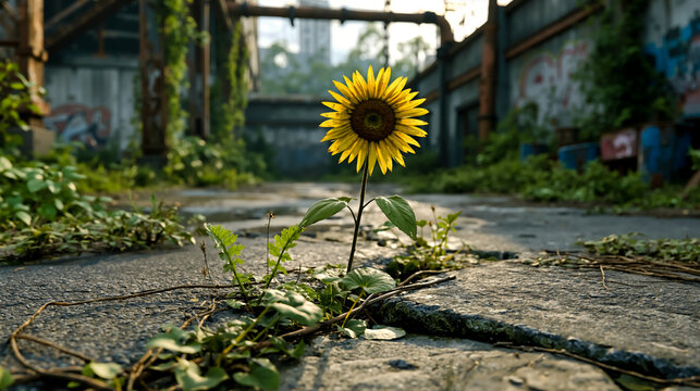 A single sunflower grows in a crack in a concrete floor surrounded by weeds and overgrown vegetation