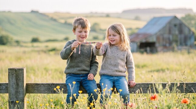 Rustic countryside childhood, happy young siblings sitting on wooden fence, children playing together in rural farm landscape at sunset