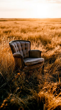 A vintage couch sits in a field of tall dry grass at sunset