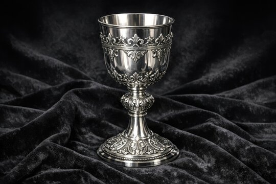A silver goblet placed on a dark black cloth