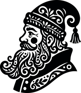 Black and white illustration of a man with a long beard
