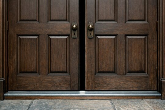 Two wooden doors with handles and hinges on an exterior building wall