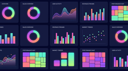 Fototapeta premium Modern flat vector UI dashboard displays various colorful graphs and charts
