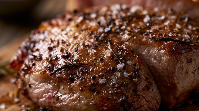 Juicy Herb Crusted Roast Pork with Cracked Pepper and Golden Caramelized Texture Close Up