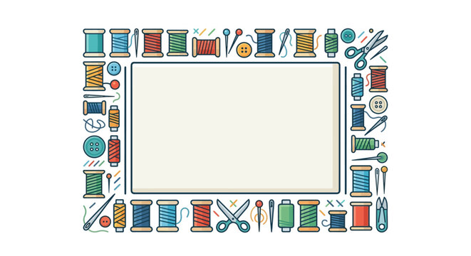 Colorful sewing tools and supplies border frame design.
