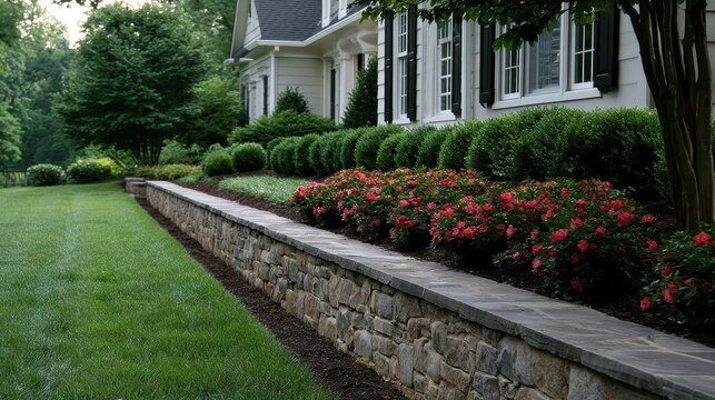 Stunning photo of beautiful residential stone retaining wall and landscaped flower garden.