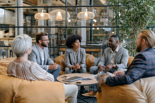 Multiracial business professionals are discussing a project during an informal meeting in a contemporary workplace with an open-plan design