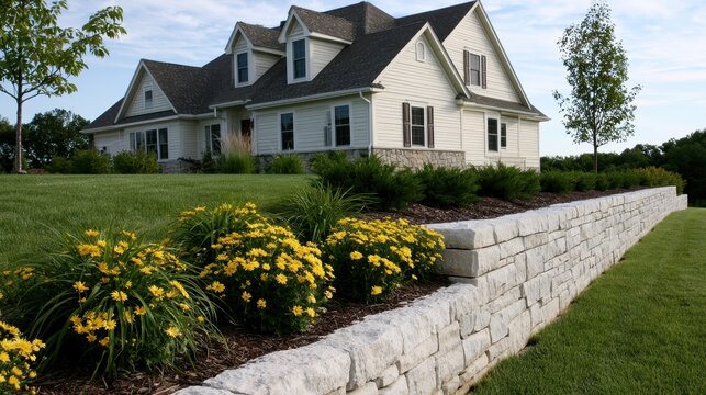 Stunning photo of beautiful residential stone retaining wall and landscaped flower garden.