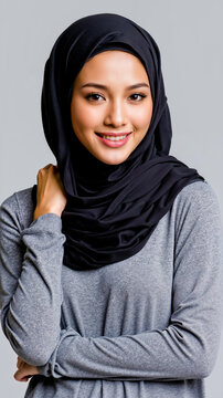 A woman wearing a black hijab and a gray long-sleeved shirt