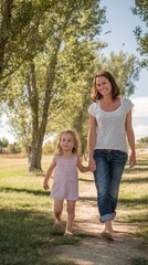 Fototapeta premium Woman and girl walking hand in hand along a tree-lined path in a sunny outdoor setting