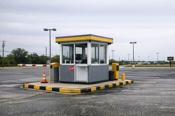 Obraz premium A yellow and gray parking booth in a modern parking lot with cars passing by