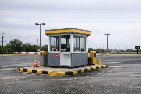 A yellow and gray parking booth in a modern parking lot with cars passing by