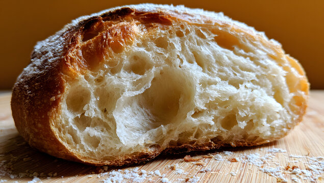 Crusty bread slice with a bite mark and airy crumb