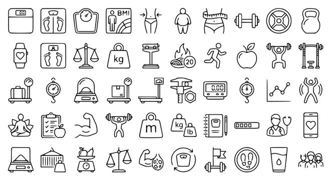 Weight Scale Line Icons Set with Body Weight Balance Measurement and Fitness Symbols