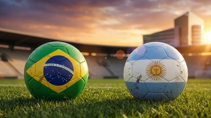 Fototapeta premium Epic horizontal ground level view of Brazil and Argentina flag soccer balls on perfect stadium turf at golden hour sunset